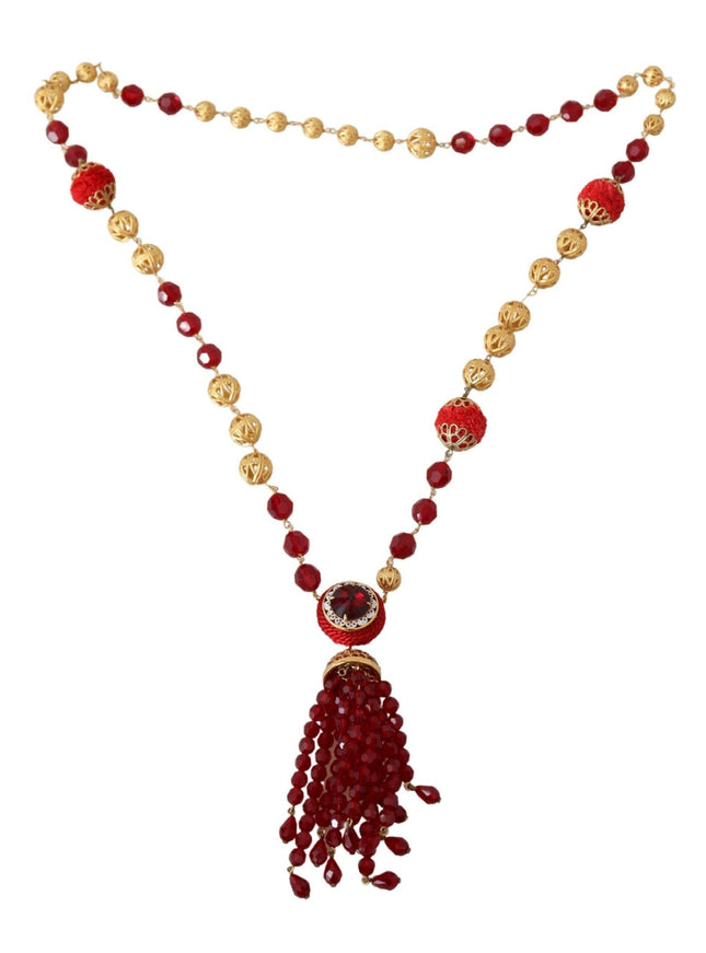 Dolce & Gabbana Gold Tone Brass Red Crystals Pendant Opera Chain Necklace - Ellie Belle