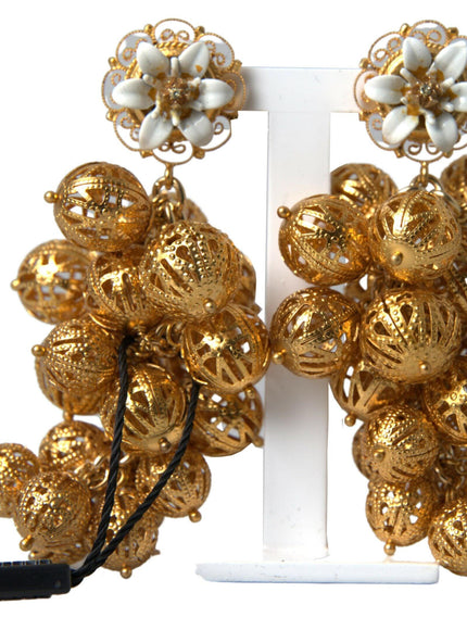 Dolce & Gabbana Gold Tone Brass White Flowers Filigree Grape Earrings - Ellie Belle
