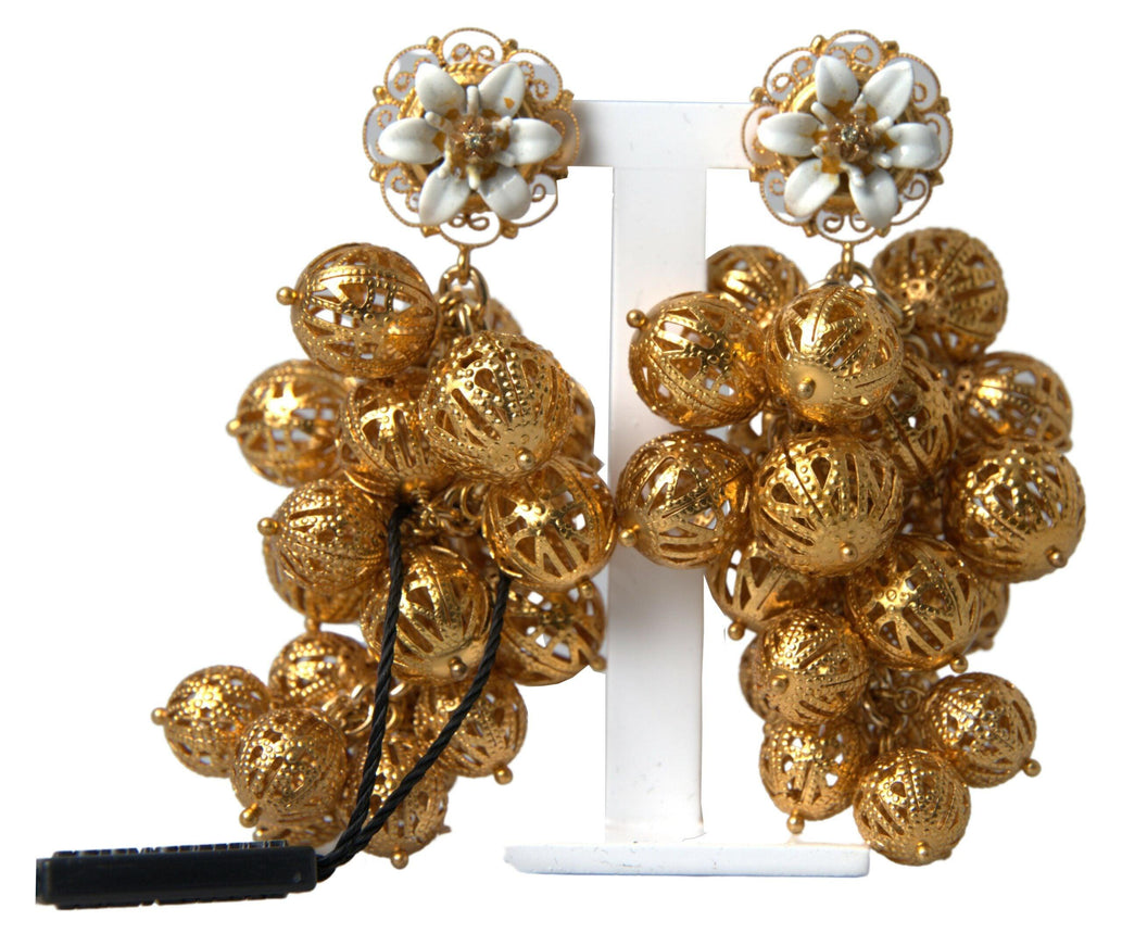 Dolce & Gabbana Gold Tone Brass White Flowers Filigree Grape Earrings - Ellie Belle