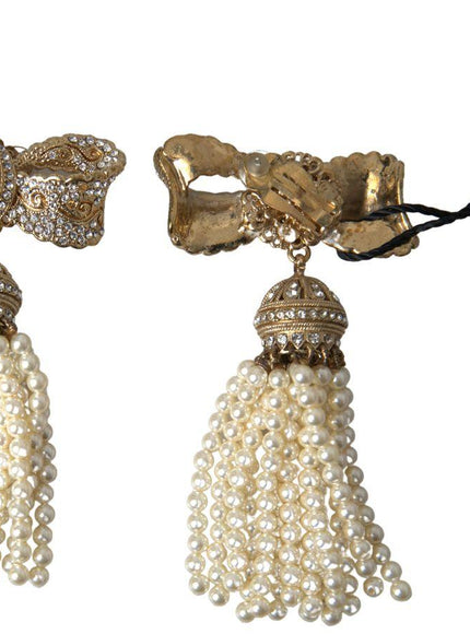 Dolce & Gabbana Gold Tone Crystal Bow Beaded Tassel Drop Clip Earrings - Ellie Belle