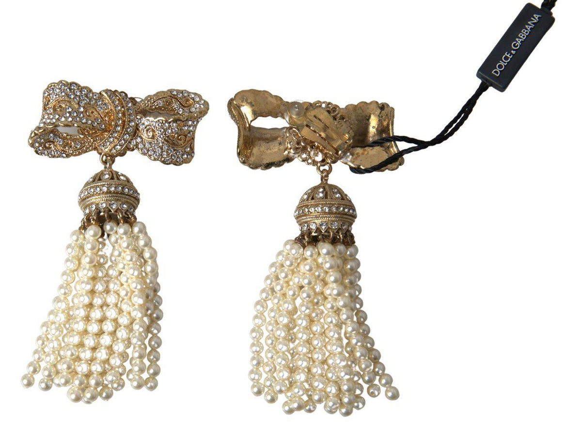 Dolce & Gabbana Gold Tone Crystal Bow Beaded Tassel Drop Clip Earrings - Ellie Belle