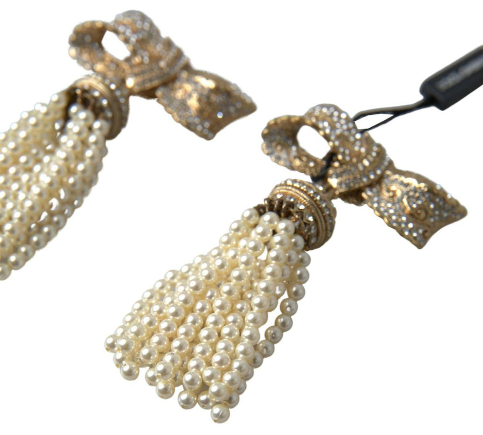 Dolce & Gabbana Gold Tone Crystal Bow Beaded Tassel Drop Clip Earrings - Ellie Belle