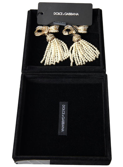 Dolce & Gabbana Gold Tone Crystal Bow Beaded Tassel Drop Clip Earrings - Ellie Belle