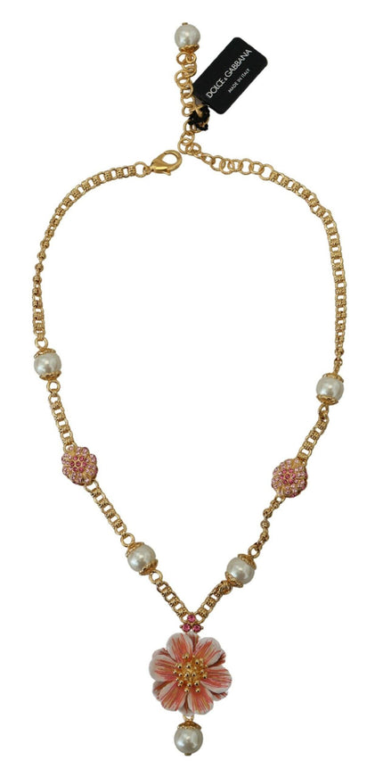 Dolce & Gabbana Gold Tone Floral Crystals Pink Embellished Necklace - Ellie Belle