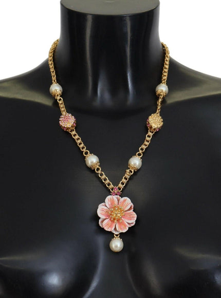 Dolce & Gabbana Gold Tone Floral Crystals Pink Embellished Necklace - Ellie Belle