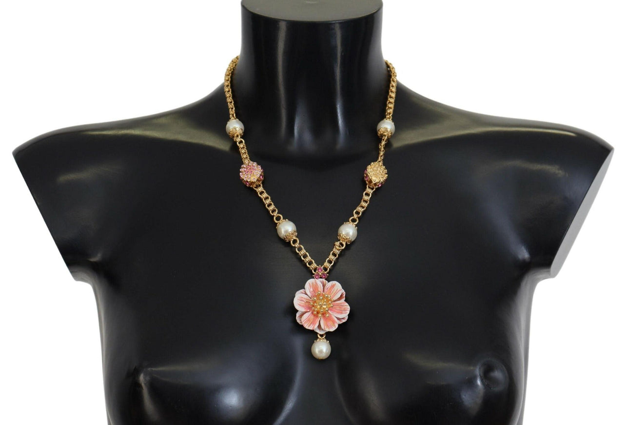 Dolce & Gabbana Gold Tone Floral Crystals Pink Embellished Necklace - Ellie Belle