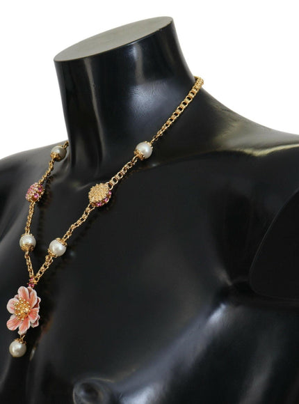 Dolce & Gabbana Gold Tone Floral Crystals Pink Embellished Necklace - Ellie Belle