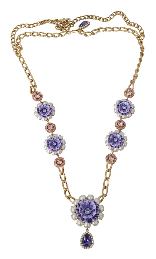 Dolce & Gabbana Gold Tone Floral Crystals Purple Embellished Necklace - Ellie Belle