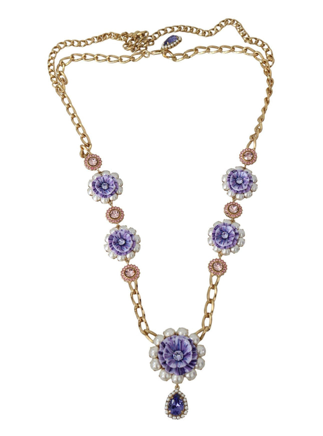 Dolce & Gabbana Gold Tone Floral Crystals Purple Embellished Necklace - Ellie Belle