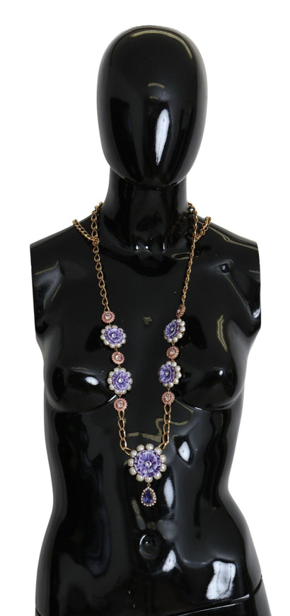 Dolce & Gabbana Gold Tone Floral Crystals Purple Embellished Necklace - Ellie Belle