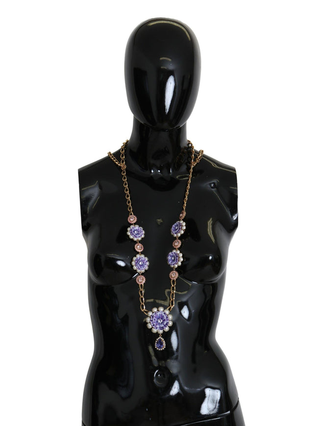 Dolce & Gabbana Gold Tone Floral Crystals Purple Embellished Necklace - Ellie Belle