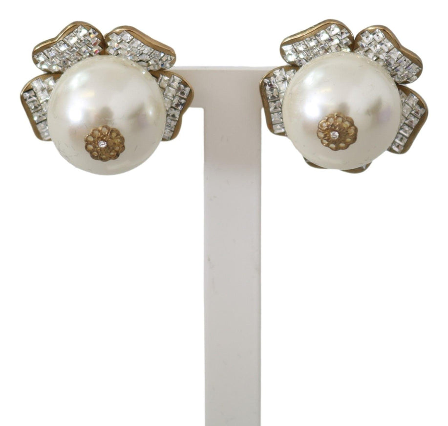 Dolce & Gabbana Gold Tone Maxi Faux Pearl Floral Clip-on Jewelry Earrings - Ellie Belle