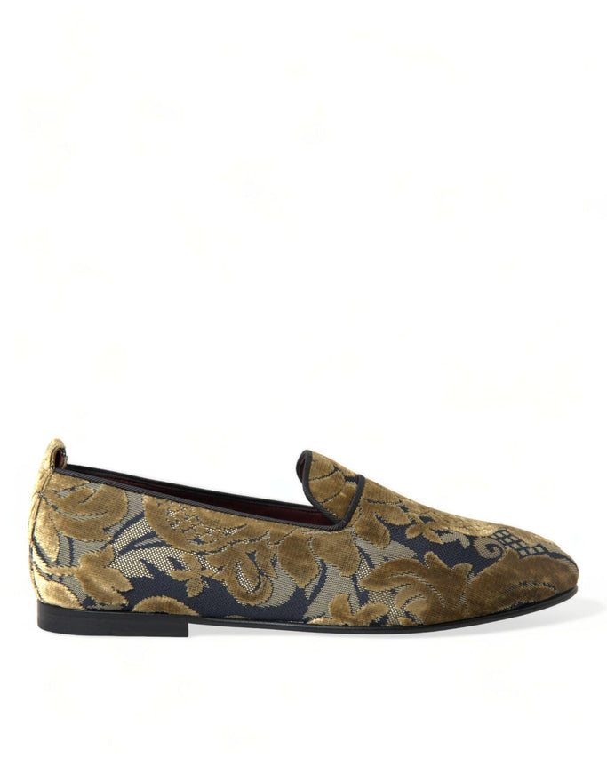 Dolce & Gabbana Gold Velvet Brocade Smoking Slipper Dress Shoes - Ellie Belle