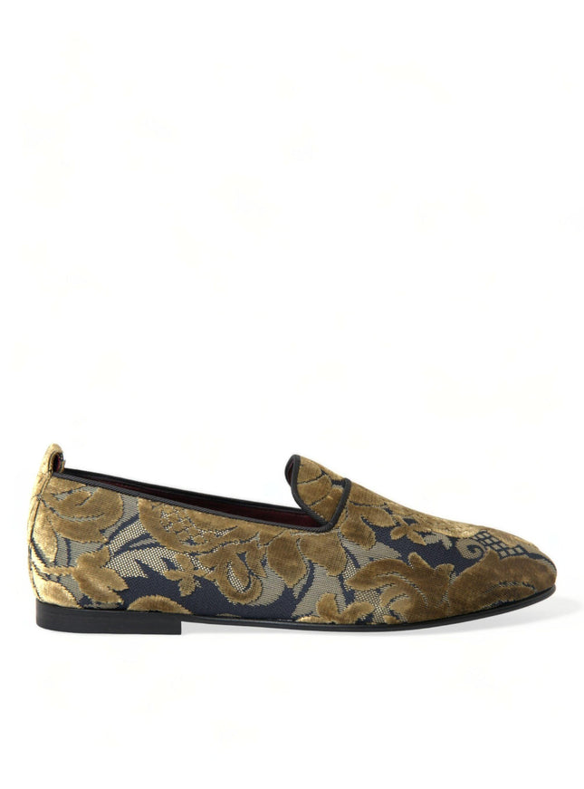 Dolce & Gabbana Gold Velvet Brocade Smoking Slipper Dress Shoes - Ellie Belle