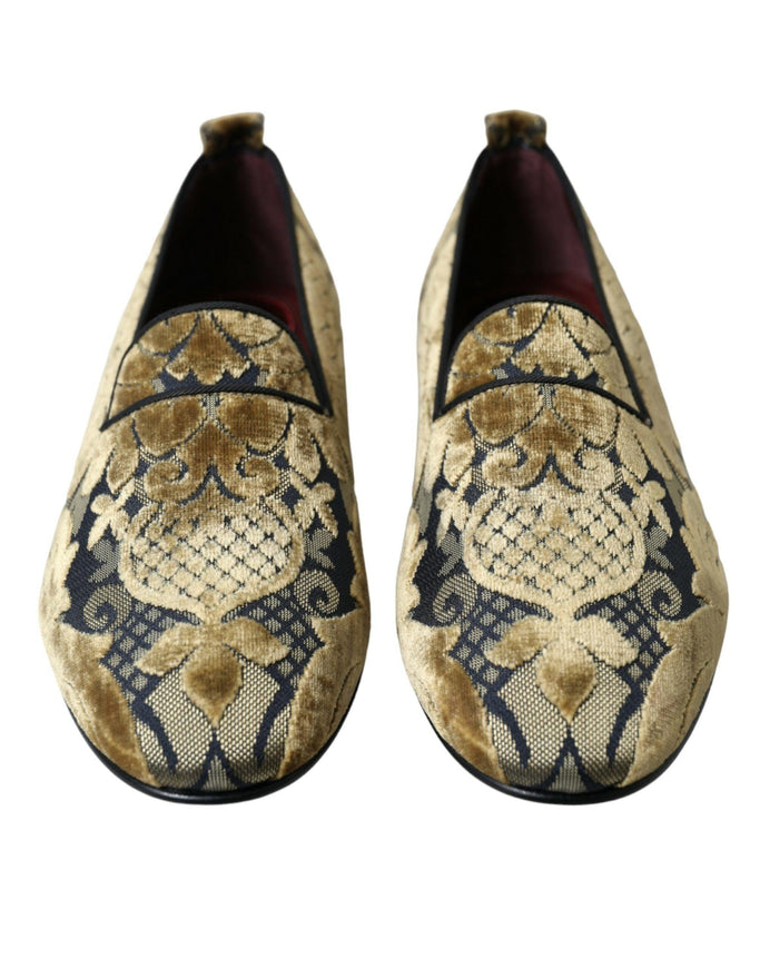 Dolce & Gabbana Gold Velvet Brocade Smoking Slipper Dress Shoes - Ellie Belle