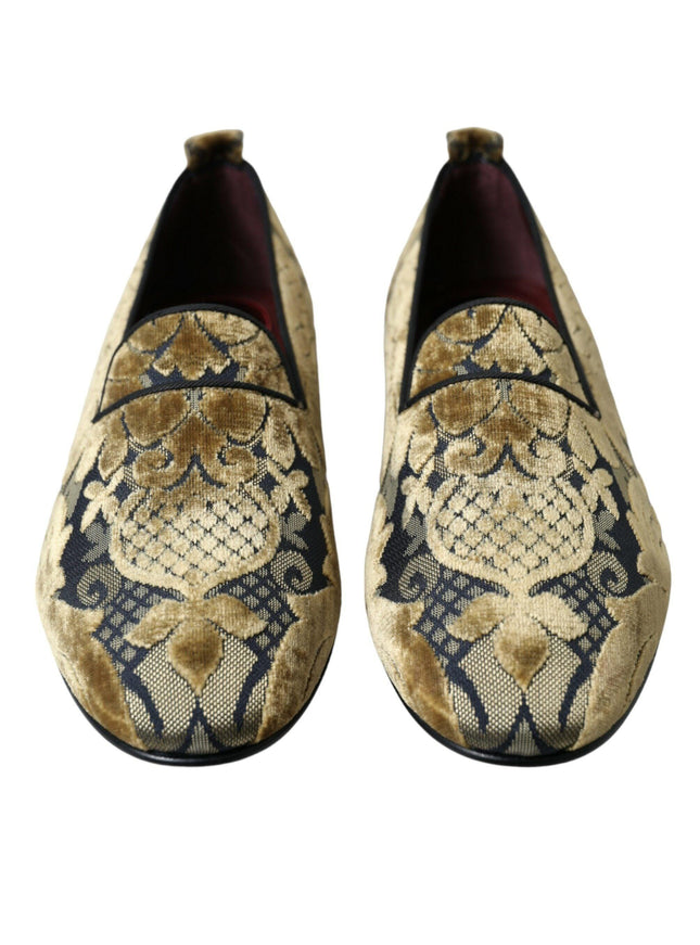 Dolce & Gabbana Gold Velvet Brocade Smoking Slipper Dress Shoes - Ellie Belle