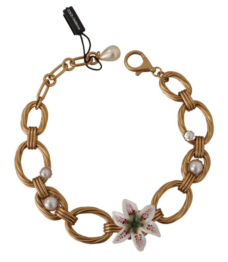 Dolce & Gabbana Gold White Lily Floral Chain Statement Necklace - Ellie Belle