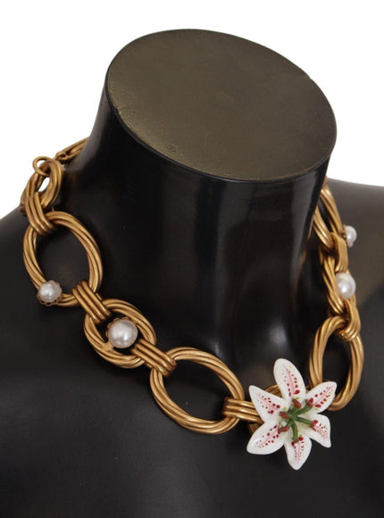 Dolce & Gabbana Gold White Lily Floral Chain Statement Necklace - Ellie Belle