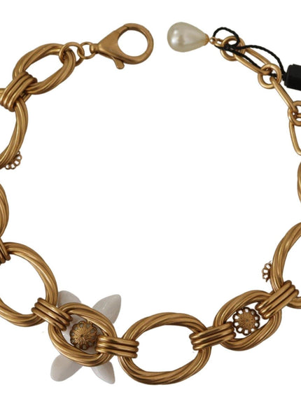 Dolce & Gabbana Gold White Lily Floral Chain Statement Necklace - Ellie Belle
