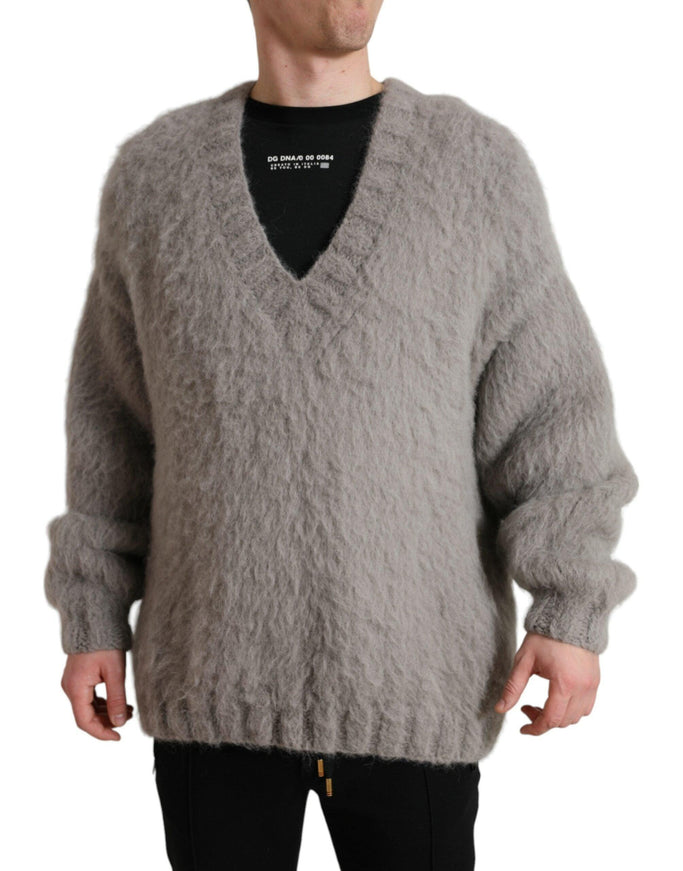 Dolce & Gabbana Gray Alpaca Fur V-neck Men Pullover Sweater - Ellie Belle