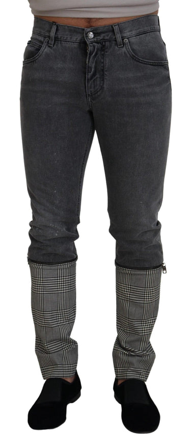 Dolce & Gabbana Gray Cotton Checkered Leg Men Denim Jeans - Ellie Belle