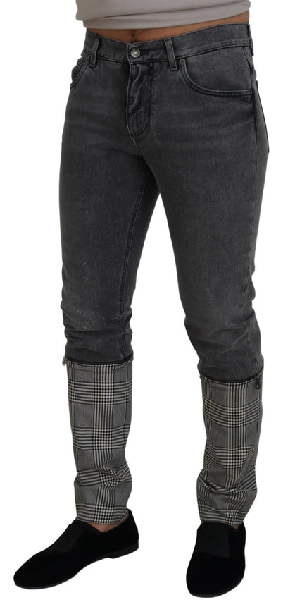 Dolce & Gabbana Gray Cotton Checkered Leg Men Denim Jeans - Ellie Belle