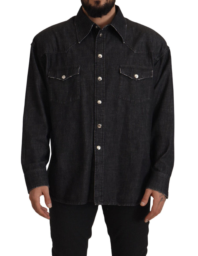 Dolce & Gabbana Gray Cotton Stretch Button Down Denim Shirt - Ellie Belle