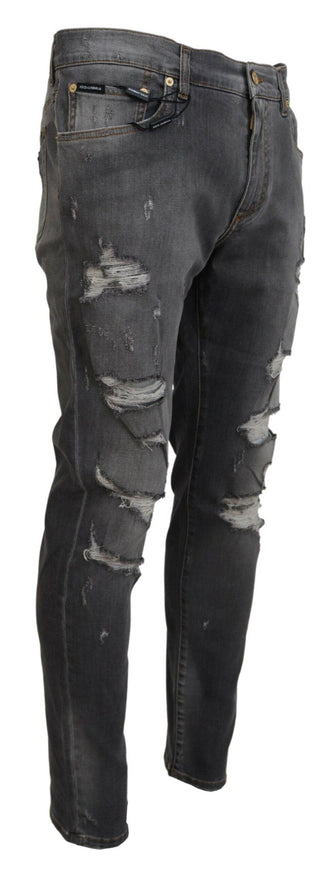 Dolce & Gabbana Gray Embroidery Tattered Slim Fit Denim Jeans - Ellie Belle