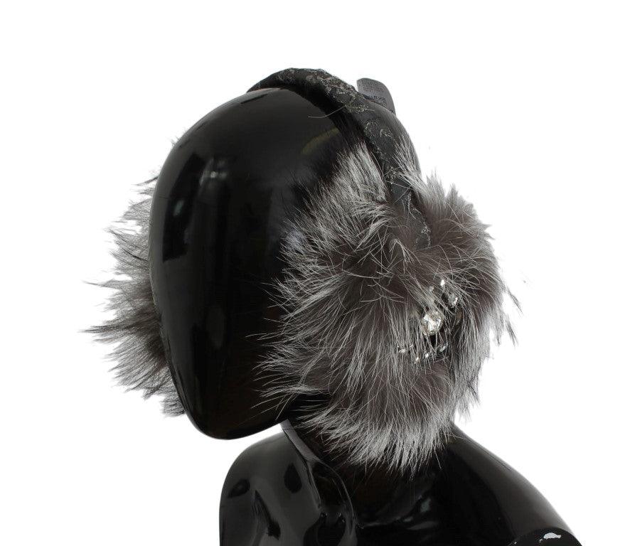 Dolce & Gabbana Gray Fox Fur Crystal Ear Muffs - Ellie Belle