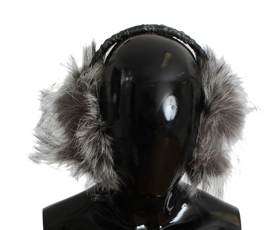 Dolce & Gabbana Gray Fox Fur Crystal Ear Muffs - Ellie Belle