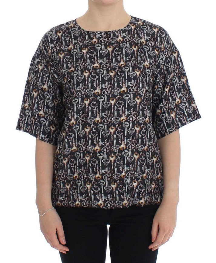 Dolce & Gabbana Gray Gold Key Print Silk Blouse T-shirt