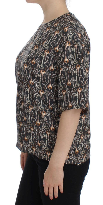 Dolce & Gabbana Gray Gold Key Print Silk Blouse T-shirt