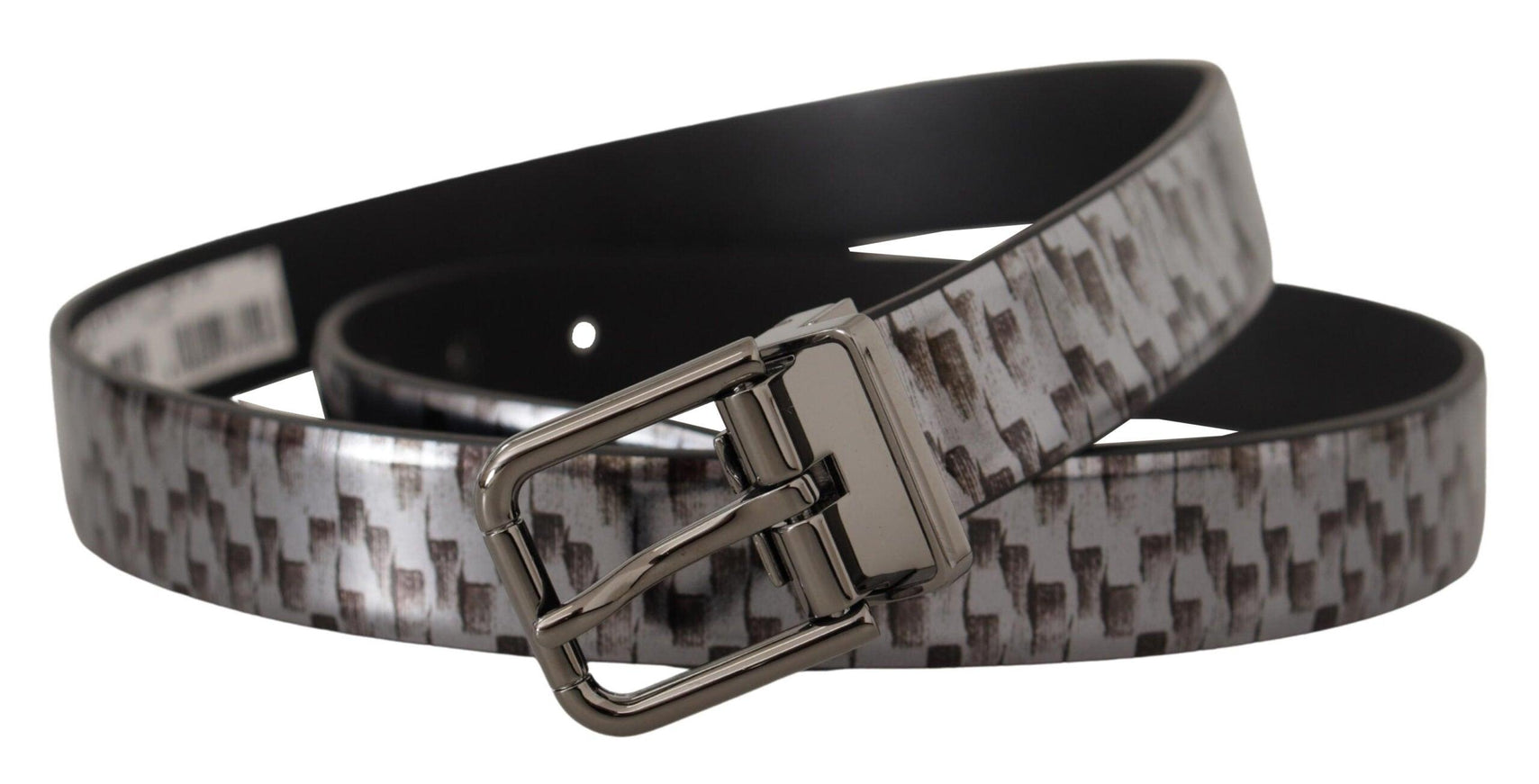 Dolce & Gabbana Gray Herringbone Leather Gray 3D Metal Buckle Belt - Ellie Belle