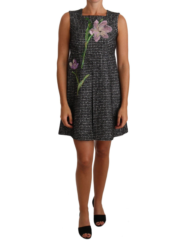 Dolce & Gabbana Gray Houndstooth Floral Appliqué Shift Mini Dress