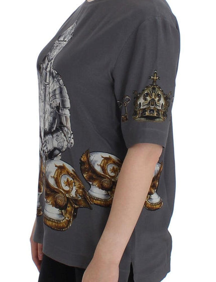 Dolce & Gabbana Gray Knight Crown Print Silk Blouse Top - Ellie Belle