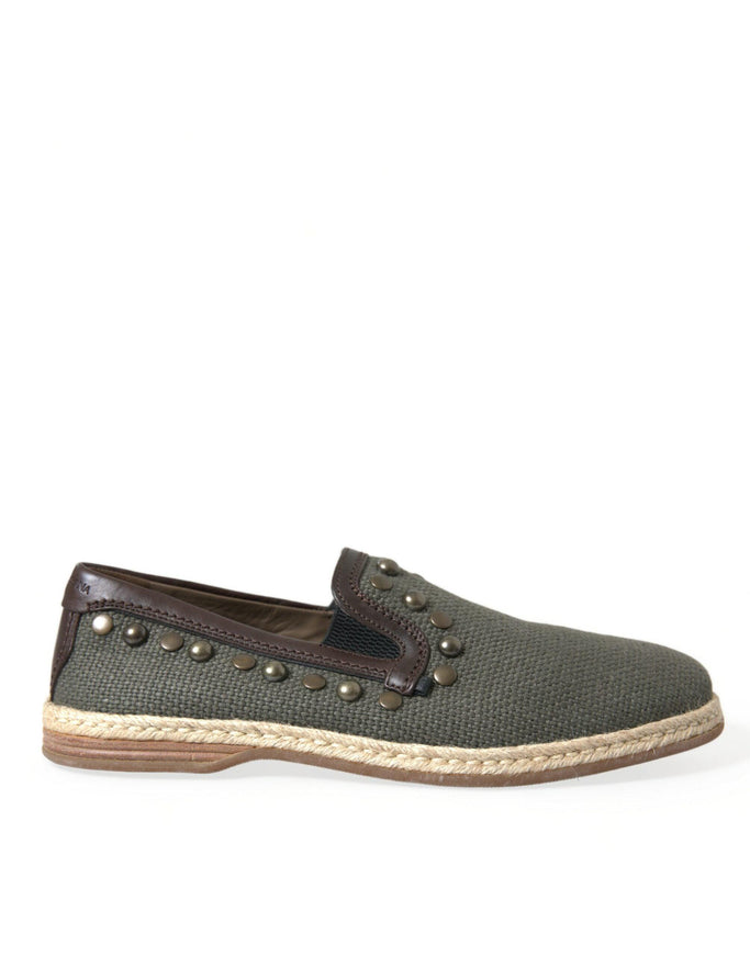 Dolce & Gabbana Gray Linen Leather Studded Loafers Shoes - Ellie Belle