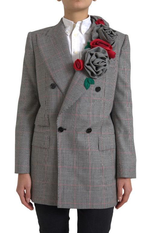 Dolce & Gabbana Gray Plaid Rose Applique Coat Blazer Jacket - Ellie Belle