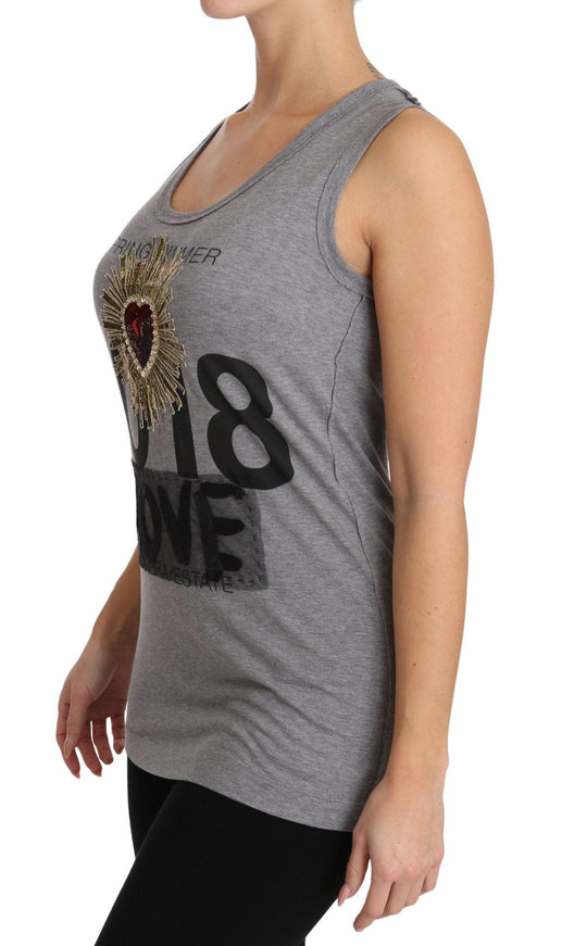 Dolce & Gabbana Gray Tank Top Crystal Sequined Heart T-shirt