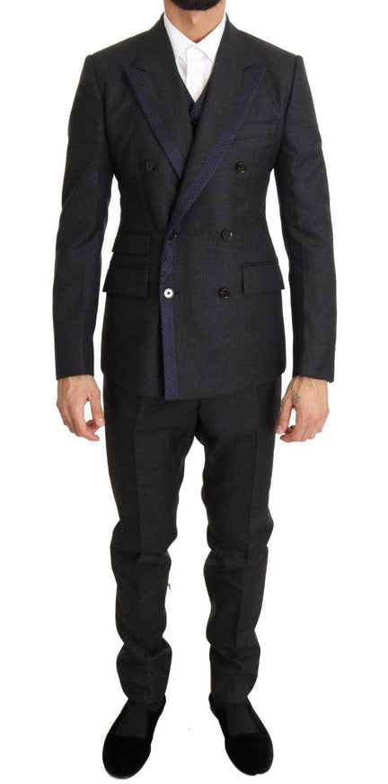 Dolce & Gabbana Gray Wool Blue Silk Double Breasted Suit - Ellie Belle