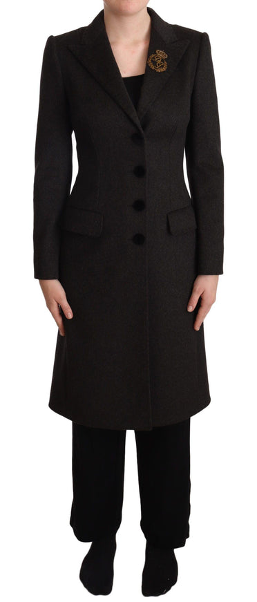 Dolce & Gabbana Gray Wool Cashmere Coat Crest Applique Jacket - Ellie Belle