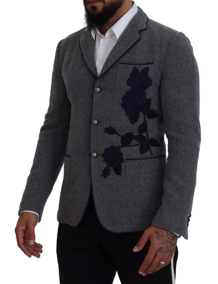 Dolce & Gabbana Gray Wool Roses Slim Fit Jacket Blazer - Ellie Belle