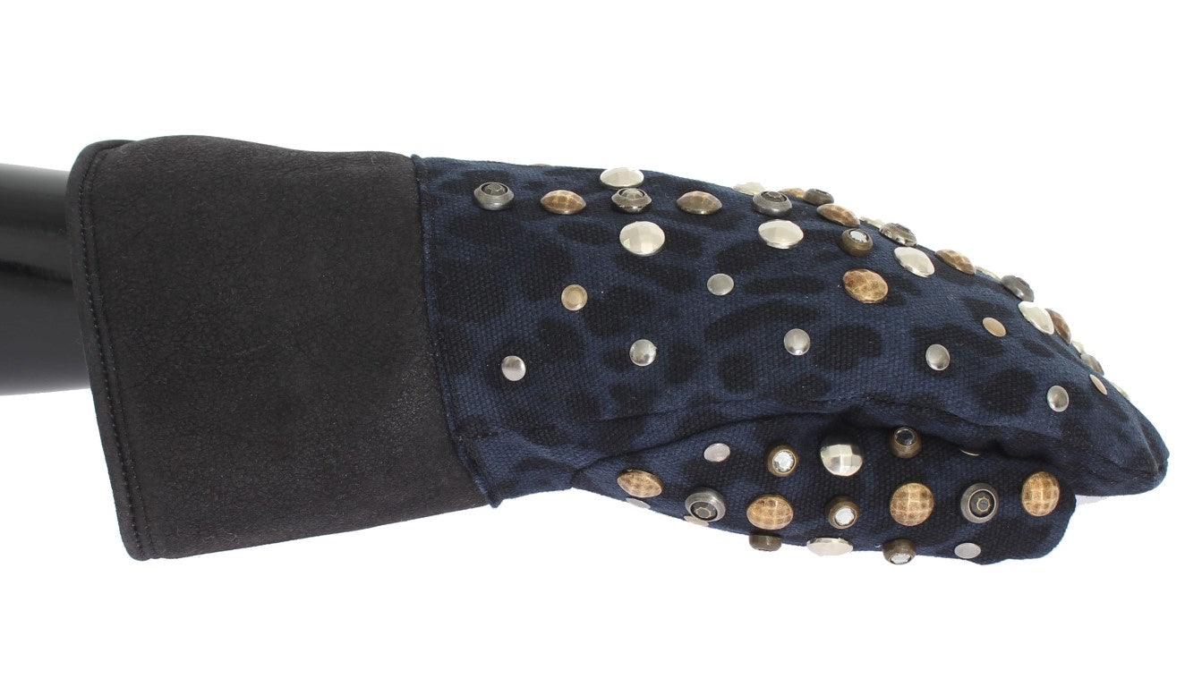 Dolce & Gabbana Gray Wool Shearling Studded Blue Leopard Gloves - Ellie Belle