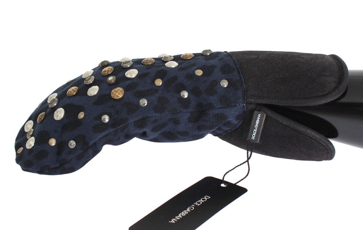 Dolce & Gabbana Gray Wool Shearling Studded Blue Leopard Gloves - Ellie Belle