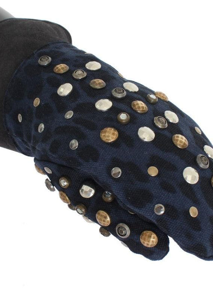Dolce & Gabbana Gray Wool Shearling Studded Blue Leopard Gloves - Ellie Belle