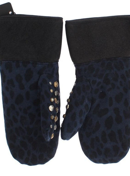 Dolce & Gabbana Gray Wool Shearling Studded Blue Leopard Gloves - Ellie Belle