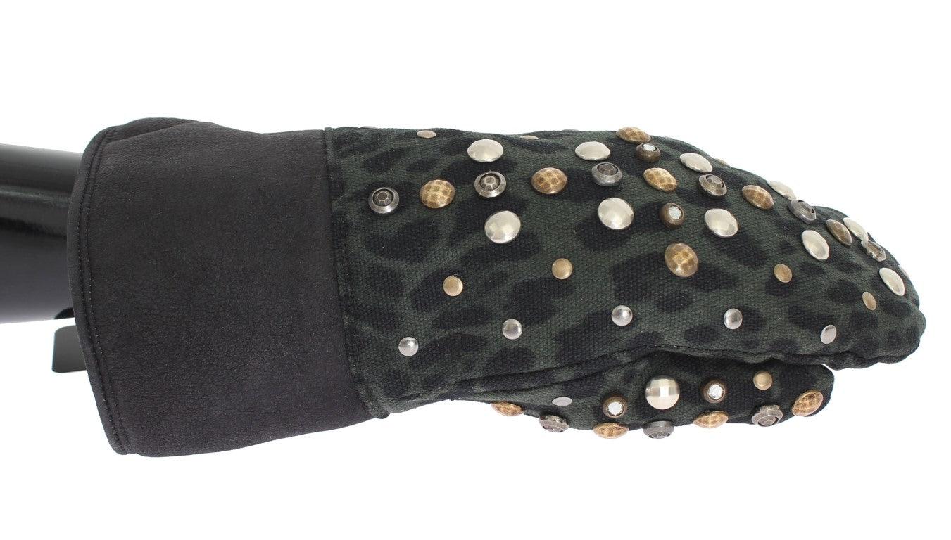 Dolce & Gabbana Gray Wool Shearling Studded Green Leopard Gloves - Ellie Belle