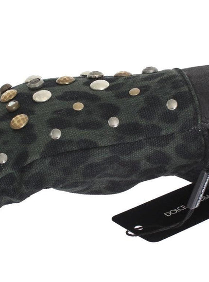 Dolce & Gabbana Gray Wool Shearling Studded Green Leopard Gloves - Ellie Belle