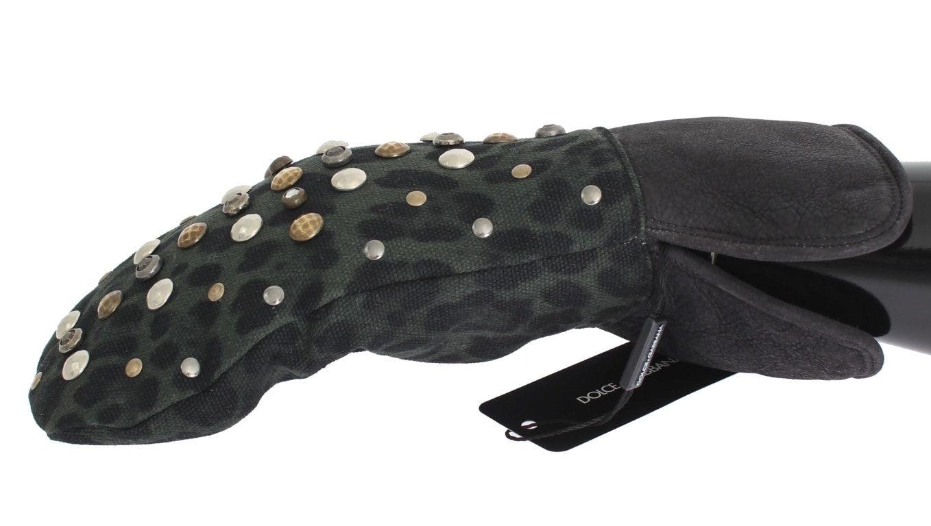 Dolce & Gabbana Gray Wool Shearling Studded Green Leopard Gloves - Ellie Belle