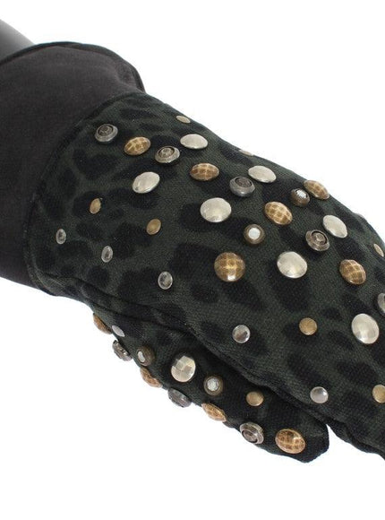 Dolce & Gabbana Gray Wool Shearling Studded Green Leopard Gloves - Ellie Belle
