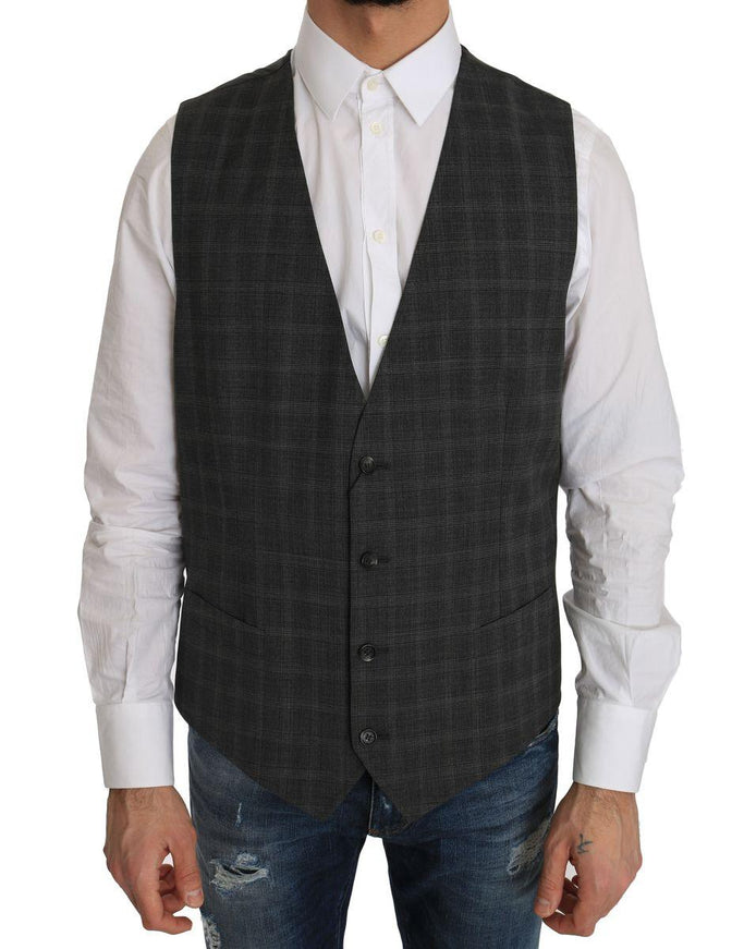 Dolce & Gabbana Gray Wool STAFF Checkered Stretch Vest - Ellie Belle